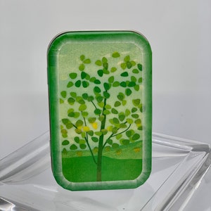 May include: A small, rectangular tin with a green and white design featuring a stylized tree with green leaves and a brown trunk. The tin has a silver rim.