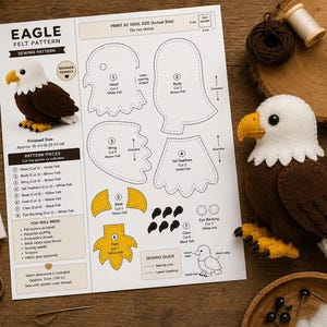Patrón de águila de fieltro en PDF | Patrón de costura de águila calva | Plantilla de pájaro de fieltro imprimible | Adorno de águila de peluche para hacer tú mismo | Manualidad de animales del bosque