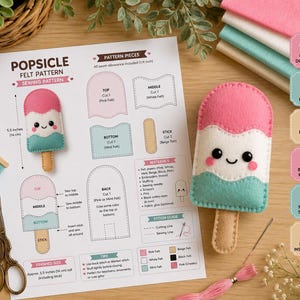May include: A popsicle felt sewing pattern printed on paper, featuring a finished pink, white, and mint felt popsicle toy with a beige stick. The pattern includes instructions, material lists, and a 5.5 inch height measurement label.