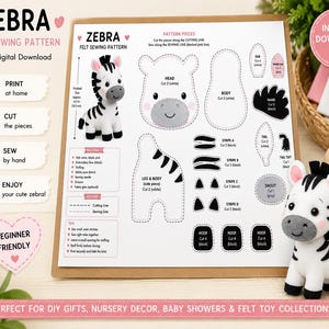 May include: A PDF digital sewing pattern for a felt zebra, featuring printed instructions, material lists, and cut-out shapes for the head, body, mane, and stripes. The document includes a finished zebra toy example, measuring 16.5 cm in height.
