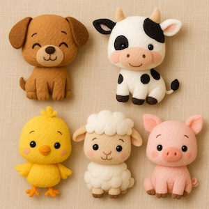 May include: A selection of felt farm animal figures: a brown dog, a black and white cow, a yellow chick, a white sheep, and a pink pig. Each figure has a smiling face and is made of soft felt.
