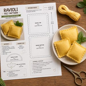 May include: A digital sewing pattern for felt ravioli, featuring printed instructions, diagrams, and cutting templates. The document includes a list of materials, assembly steps, and a photo of finished yellow felt ravioli with green basil leaves.