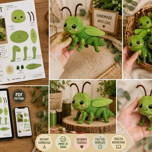 May include: A felt cricket sewing pattern featuring a green insect with black antennae, large eyes, and pink cheeks. The set includes a printed instruction sheet, a digital PDF on a tablet and phone, and a finished plush cricket toy.