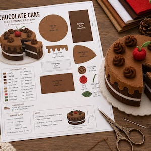 Chocolate Cake Felt Pattern PDF | Chocolate Cake Sewing Template | Felt Food Plush Pattern | DIY Dessert Felt Toy | Printable Felt Craft