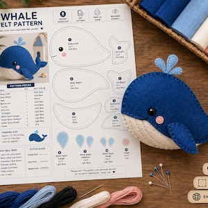 Patrón de fieltro de ballena en PDF | Patrón de costura de peluche de animal marino adorable | Plantilla de ballena de fieltro imprimible | Manualidad de costura a mano | Descarga instantánea