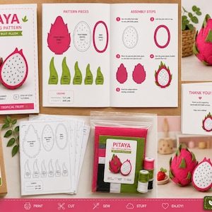 May include: A Pitaya felt sewing pattern kit including printed instruction booklets with assembly steps, paper pattern templates, sheets of colored felt, spools of thread, and a thank you card, all featuring illustrations of a dragon fruit plush.
