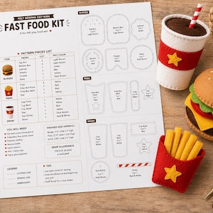 Può includere: Un cartamodello in feltro per un set di fast food che include hamburger, patatine e bibita. Il documento mostra un elenco di pezzi, modelli di taglio e istruzioni. Accanto alla carta ci sono un hamburger, patatine e una bibita in feltro.