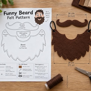 以下が含まれることがあります： Funny Beard Felt Patternと書かれた説明書、茶色のフェルトの口ひげ、黒いゴム紐付きの茶色のフェルトのあごひげ、茶色の糸、針、ハサミが含まれたフェルトクラフトキット。