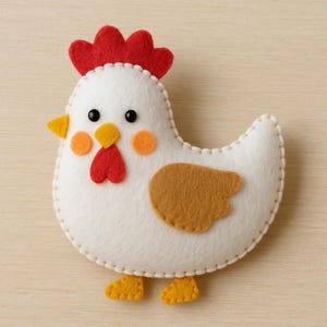 Pode incluir: Uma galinha de feltro feita à mão com corpo branco, crista e barbela vermelhas e detalhes laranja e amarelos. A galinha tem uma asa castanha e pés amarelos, todos costurados com linha branca. Ideal para decoração de Páscoa ou com tema de fazenda.
