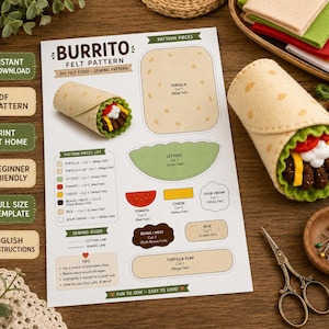 Burrito Felt Pattern PDF | DIY Felt Food Sewing Pattern | Printable Plush Burrito Template | Play Food Felt Craft | Beginner Hand Sewing