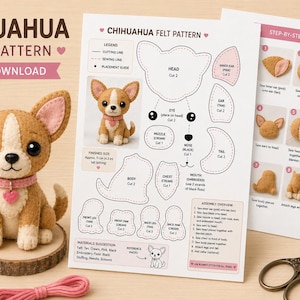 Puede incluir: Un patrón de fieltro de Chihuahua en descarga PDF que incluye una figura de perro de fieltro beige y blanca con un collar rosa, junto con plantillas de costura impresas, instrucciones de montaje y guías visuales paso a paso para el peluche.