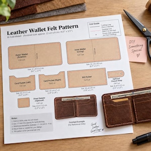 Pode incluir: Uma folha de molde de feltro para carteira de couro com diagramas para o exterior, forro, bolsos para cartões, bolso para notas e alça. Inclui uma régua de metal, tesoura preta e uma carteira de couro acabada.