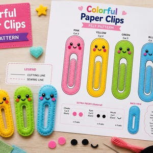 Puede incluir: Un patrón de fieltro para clips de papel coloridos en rosa, amarillo, verde y azul. La hoja incluye instrucciones, líneas de corte y líneas de costura para crear estas formas, junto con clips de fieltro terminados y piezas pequeñas adicionales.
