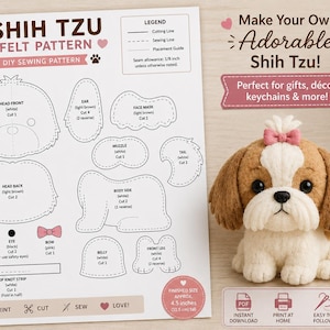 Puede incluir: Una hoja de patrón de costura de fieltro de Shih Tzu con plantillas etiquetadas para cabeza, orejas, cuerpo y extremidades, junto a una figura de perro Shih Tzu de fieltro marrón y blanco con un lazo rosa, que mide 11,5 cm de alto.