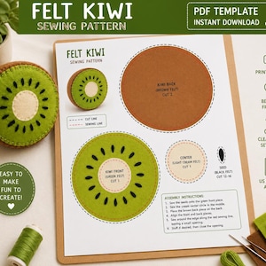 Può includere: Un cartamodello digitale in PDF per un kiwi in feltro, con modelli stampati per il retro marrone, il davanti verde, il centro color crema e i semi neri. Il documento include istruzioni di assemblaggio, linee di taglio e linee di cucitura.