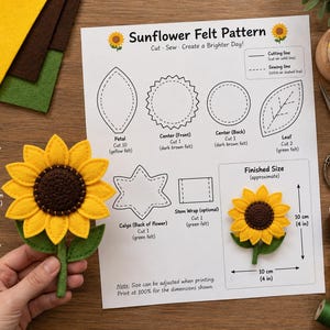 May include: A Sunflower Felt Pattern instruction sheet featuring black line drawings of petal, center, leaf, and calyx shapes with text labels. The sheet includes a finished sunflower example measuring 4 inches by 4 inches and felt pieces.