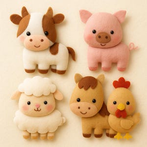 May include: A set of handmade felt farm animal figures: a cow, pig, sheep, horse, and chicken. Each figure has detailed stitching, soft colours, and cute expressions. Ideal for children's toys or nursery decor.
