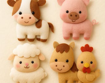 May include: A collection of handmade felt farm animal figures, including a cow, pig, sheep, horse, and chicken. Each figure features detailed stitching, soft colors, and adorable expressions. Perfect for children's toys or nursery decor.