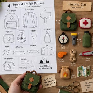 May include: A survival kit felt pattern sheet with instructions and diagrams for crafting miniature items. Includes a green backpack, first aid pouch, compass, flashlight, water bottle, whistle, rope, utility knife, map, and fire starter pouch.
