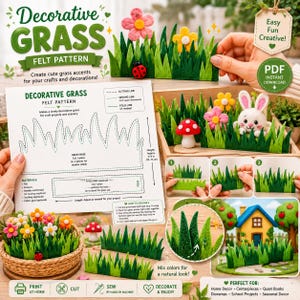 May include: A digital PDF sewing pattern for decorative felt grass, featuring instructional diagrams, cutting lines, and photos of finished grass strips adorned with felt flowers, a ladybug, a mushroom, and a white rabbit in a wooden tray.