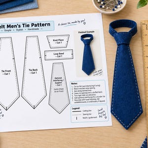 Pode incluir: Um molde de costura impresso para uma gravata de feltro intitulado Felt Men's Tie Pattern, com diagramas para a frente, costas, nó e alça. Uma gravata de feltro azul finalizada está ao lado de uma régua de 20 cm.