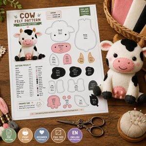 May include: A sewing pattern sheet titled Cow Felt Pattern with illustrated instructions, pattern pieces, and a finished plush cow toy. The set includes embroidery floss, a pair of metal scissors, a pin cushion, and felt fabric pieces.