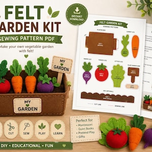 Pode incluir: Um molde de costura em PDF para um jardim de feltro, incluindo uma jardineira de feltro castanha com vegetais de peluche, como um tomate vermelho, duas cenouras cor de laranja e um rabanete roxo. O kit inclui instruções impressas.