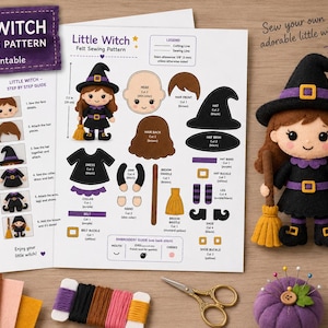 May include: A felt sewing pattern for a little witch doll, including a step-by-step guide, printed templates for the head, hair, hat, dress, and broom, a finished felt witch doll, embroidery thread, scissors, and a pumpkin-shaped pincushion.