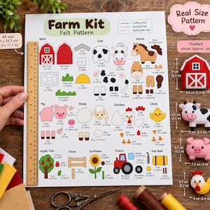 May include: A Farm Kit felt pattern sheet featuring templates for a barn, cow, horse, pig, sheep, chicken, chick, apple tree, fence, sunflower, tractor, and hay bale, with a wooden ruler showing A4 size 8.3 by 11.7 inches.
