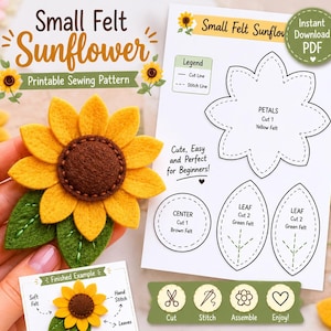 Pode incluir: Um molde de costura imprimível para um pequeno girassol de feltro, apresentando uma flor de feltro amarela e castanha acabada com folhas verdes, ao lado de um documento com linhas de corte e costura, peças rotuladas e ícones de montagem.