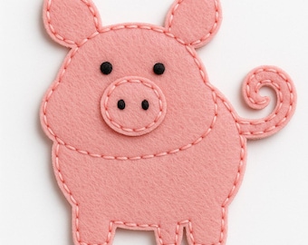 May include: A pink felt pig with black eyes and a stitched outline. The pig has a curly tail and is standing on four legs. The design is simple and childlike, suitable for crafts or decorations.