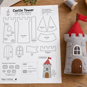 Könnte beinhalten: Ein bedrucktes Blatt Papier mit dem Titel Castle Tower Felt Craft Pattern mit schwarzen Strichzeichnungen zum Zuschneiden und Nähen von Filzteilen, neben einem fertigen grauen Filz-Burgturm mit rotem Dach, roter Flagge und brauner Tür, neben einem 15 cm Lineal.