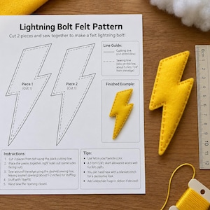 May include: A printed Lightning Bolt Felt Pattern sheet with instructions, a line guide, and a finished example. A yellow felt lightning bolt is placed next to a metal ruler showing a length of approximately 4 inches.