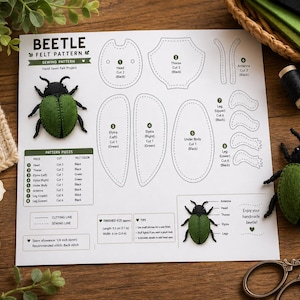 Filtmönster av skalbagge i PDF-format | Utskrivbart sömnadsmönster för insekter | Gör-det-själv-mall för skalbaggeplysch | Handsömnad i filt | Direktnedladdning