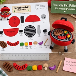 May include: A printable felt pattern for a portable grill, including a finished red felt grill toy with food pieces. The pattern sheet displays components like a lid, bowl, and grill grate. A metal ruler shows the grill is 3.5 inches tall.