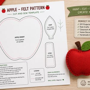 May include: A white paper sheet with an Apple Felt Pattern, cut and sew template, featuring outlines for an apple body, leaf, and stem. Includes instructions, a legend, and a finished red felt apple with a brown stem and green leaf.