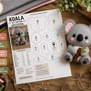 Peut inclure: Un patron de couture en feutrine pour koala comprenant un guide imprimé avec des pièces numérotées, accompagné d'une peluche koala en feutrine grise et rose tenant une branche brune avec des feuilles vertes, posé sur une surface en bois.