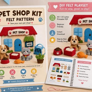 Pode incluir: Um kit de moldes de feltro DIY que inclui uma loja de animais, um cão, um gato e acessórios. O kit contém um guia impresso com instruções, uma lista de itens incluídos e folhas de moldes para costurar uma cena de loja em miniatura.