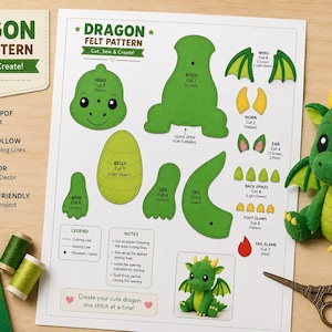 May include: A printable PDF dragon felt pattern sheet featuring labeled green and yellow shapes for cutting and sewing, accompanied by a finished green felt dragon plush, two spools of green thread, and a pair of vintage-style metal scissors.