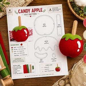 Candy Apple Felt Pattern PDF | Felt Food Sewing Pattern | Printable Plush Candy Apple Template | DIY Felt Play Food | Hand Sewing Craft