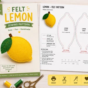 Pode incluir: Um molde de costura de limão em feltro com um limão amarelo e uma folha verde, instruções e um diagrama com linhas de corte, costura e bordado. Inclui uma régua de 5 cm e 2 polegadas, além de ícones para imprimir, cortar, costurar e aproveitar.