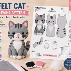 Puede incluir: Un patrón de costura de gato de fieltro que incluye un peluche de gato gris y blanco, una hoja de instrucciones impresa con diagramas, hilo de bordar negro y rosa en carretes, una aguja y material de relleno blanco para manualidades.