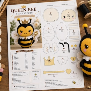 Queen Bee Felt Pattern PDF | Cute Bee Sewing Pattern | Printable Queen Bee Plush Template | DIY Felt Insect | Hand Sewing Craft | Instant