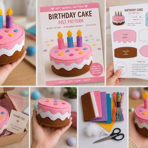 May include: A felt birthday cake craft kit featuring a brown base, white wavy icing, and a pink top with colorful felt sprinkles and three upright candles. The set includes a printed PDF sewing pattern, instruction sheets, assorted felt sheets, embroidery floss, and a pair of scissors.