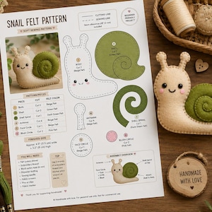 Peut inclure: Une fiche de patron en feutrine pour escargot avec des schémas, des lignes de coupe et des instructions d'assemblage pour un escargot beige et vert. Le document inclut une liste de matériel, une taille finie de 11,4 cm sur 8,1 cm et une photo de l'escargot en feutrine terminé.