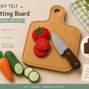 Pode incluir: Um molde de costura em feltro para tábua de cortar DIY, incluindo uma tábua bege, uma faca cinza e marrom, um tomate vermelho, duas fatias de tomate, uma cenoura laranja e duas fatias de pepino verde com detalhes em branco.