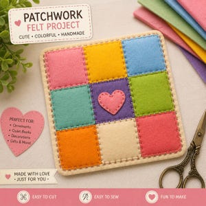 Patchwork Felt Pattern Template with Cutting & Sewing Lines | DIY Felt Quilt Craft PDF