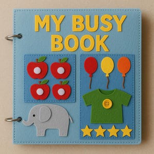 May include: A light blue felt busy book with the words "MY BUSY BOOK" in yellow. The book features felt appliqués of red apples, balloons, a green shirt, an elephant, and yellow stars. The book is bound with metal rings.
