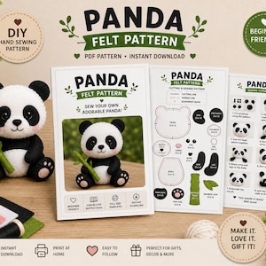Panda-Filzschnittmuster (PDF) | Niedliches Panda-Plüschtier-Nähmuster | Filzvorlage für Waldtier | DIY-Handnähmuster | Filz zum Ausdrucken