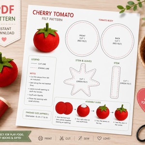 May include: A PDF pattern for a felt cherry tomato, featuring a diagram with cut lines, sewing lines, and assembly instructions. The document includes a legend, notes, and a finished size of 4 cm or 1.6 inches, displayed alongside finished felt tomatoes.